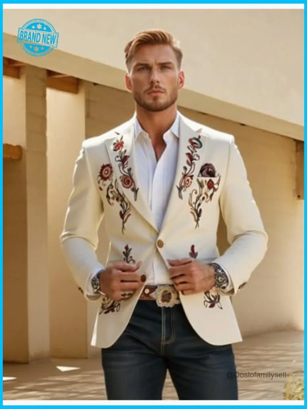 Vintage Western Embroidered Blazer Tailored Fit Cotton Linen Lightweight Jacket